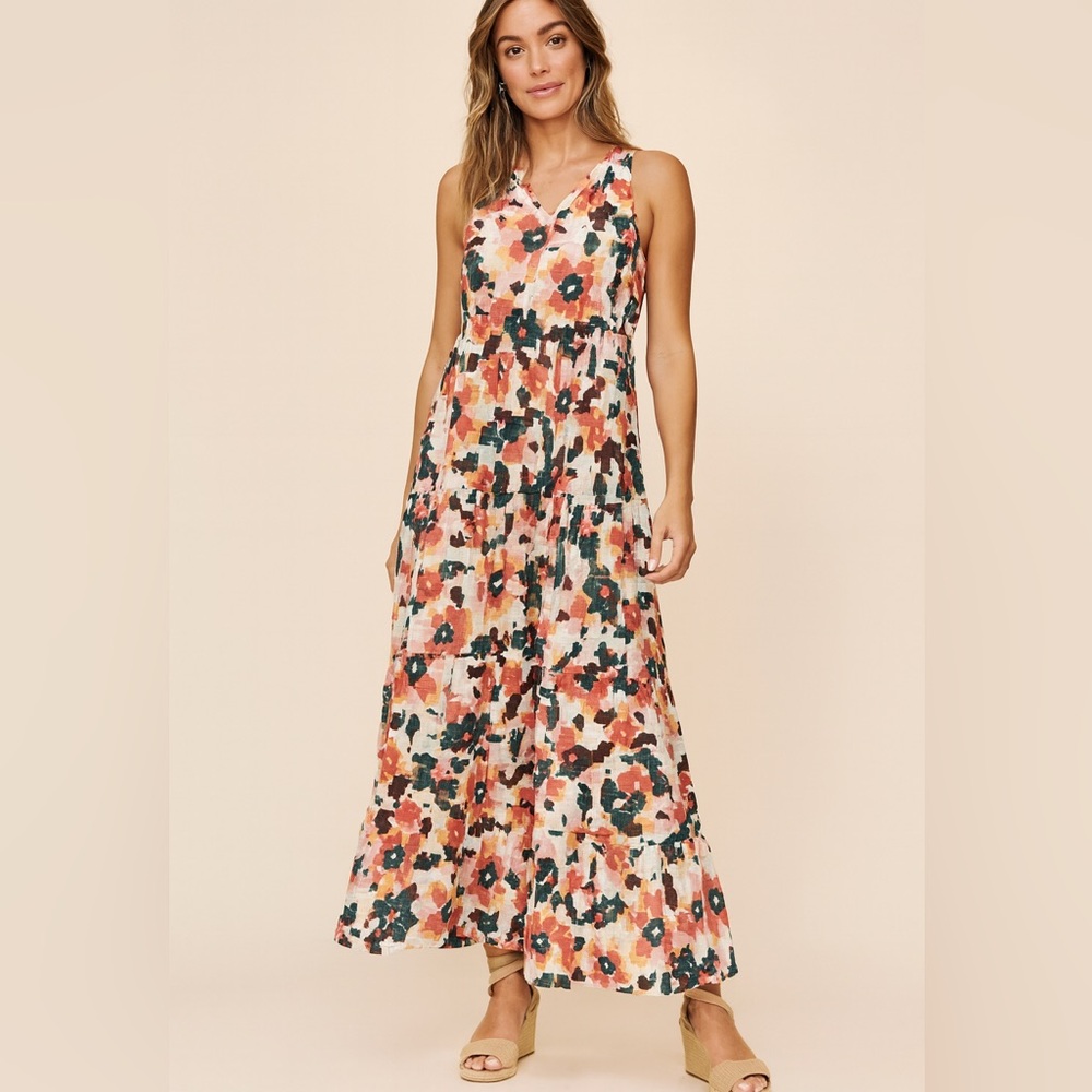 Sonoma Floral Tiered Maxi Dress in Coral, Green & Cream